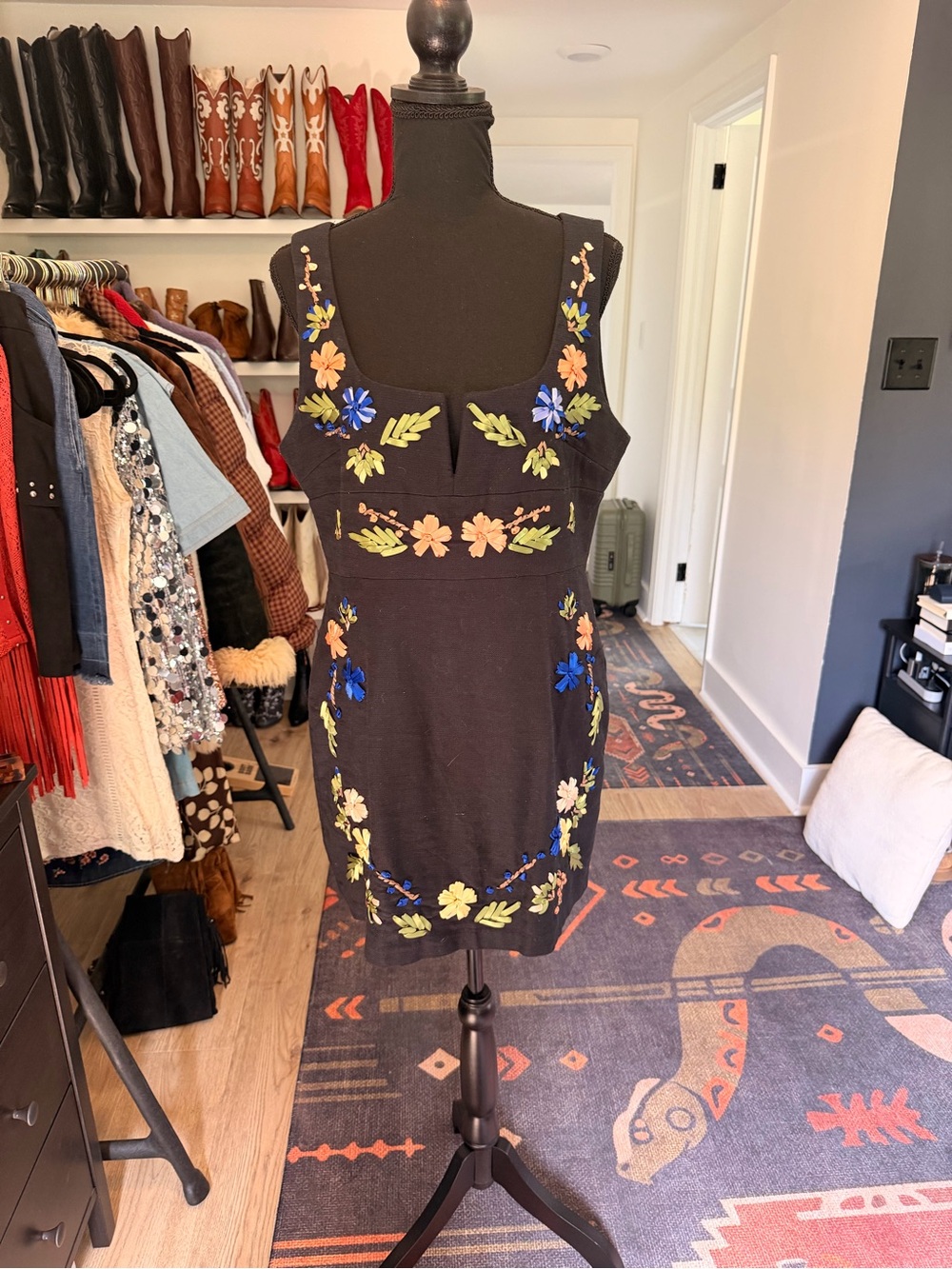 Alice McCall Black Mini Dress with Multicolor Floral Embroidery